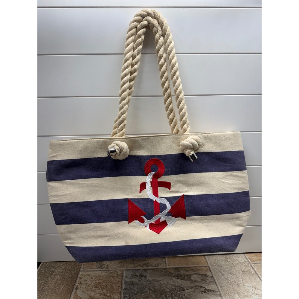Sondra Roberts Squared Nautical Canvas Tote Bag Navy Cream Stripe Red Anchor
